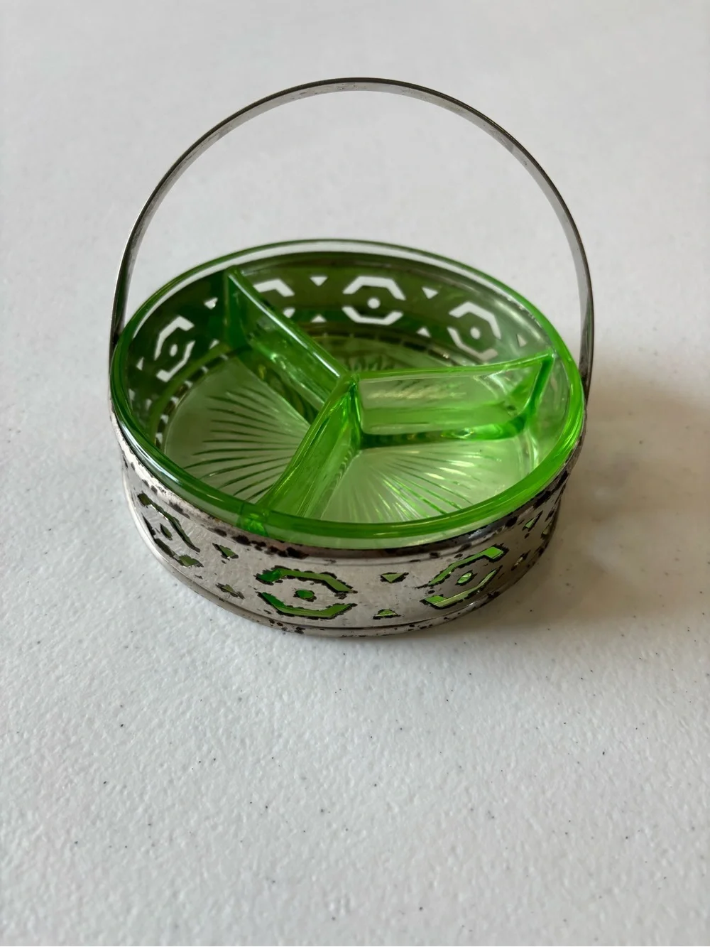 Vintage Green Glass Divided Candy Dish with Silver-Tone Basket - Picture 1 of 3